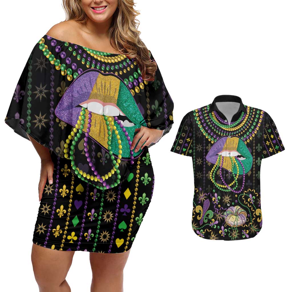 Mardi Gras Lips Queen Beads Couples Matching Off Shoulder Short Dress and Hawaiian Shirt