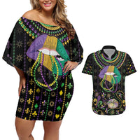 Mardi Gras Lips Queen Beads Couples Matching Off Shoulder Short Dress and Hawaiian Shirt