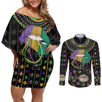 Mardi Gras Lips Queen Beads Couples Matching Off Shoulder Short Dress and Long Sleeve Button Shirt