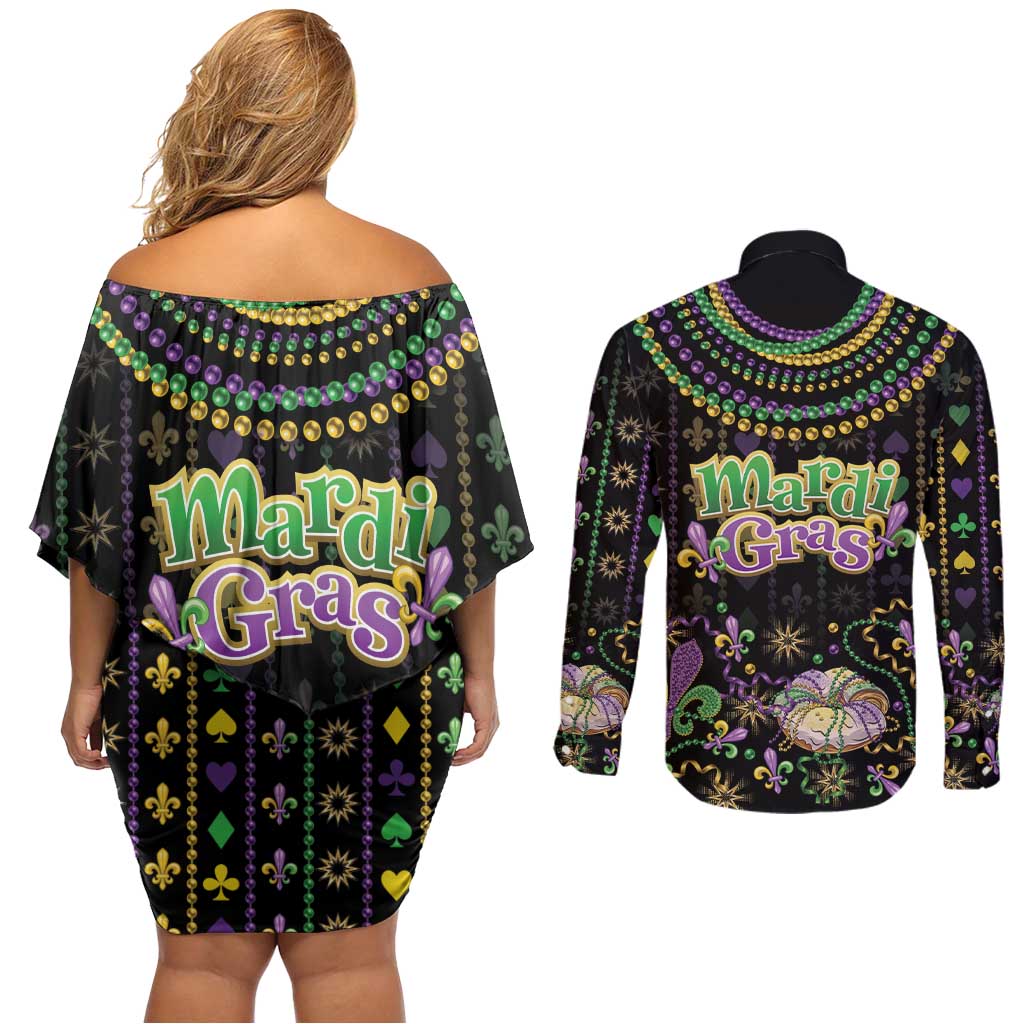 Mardi Gras Lips Queen Beads Couples Matching Off Shoulder Short Dress and Long Sleeve Button Shirt