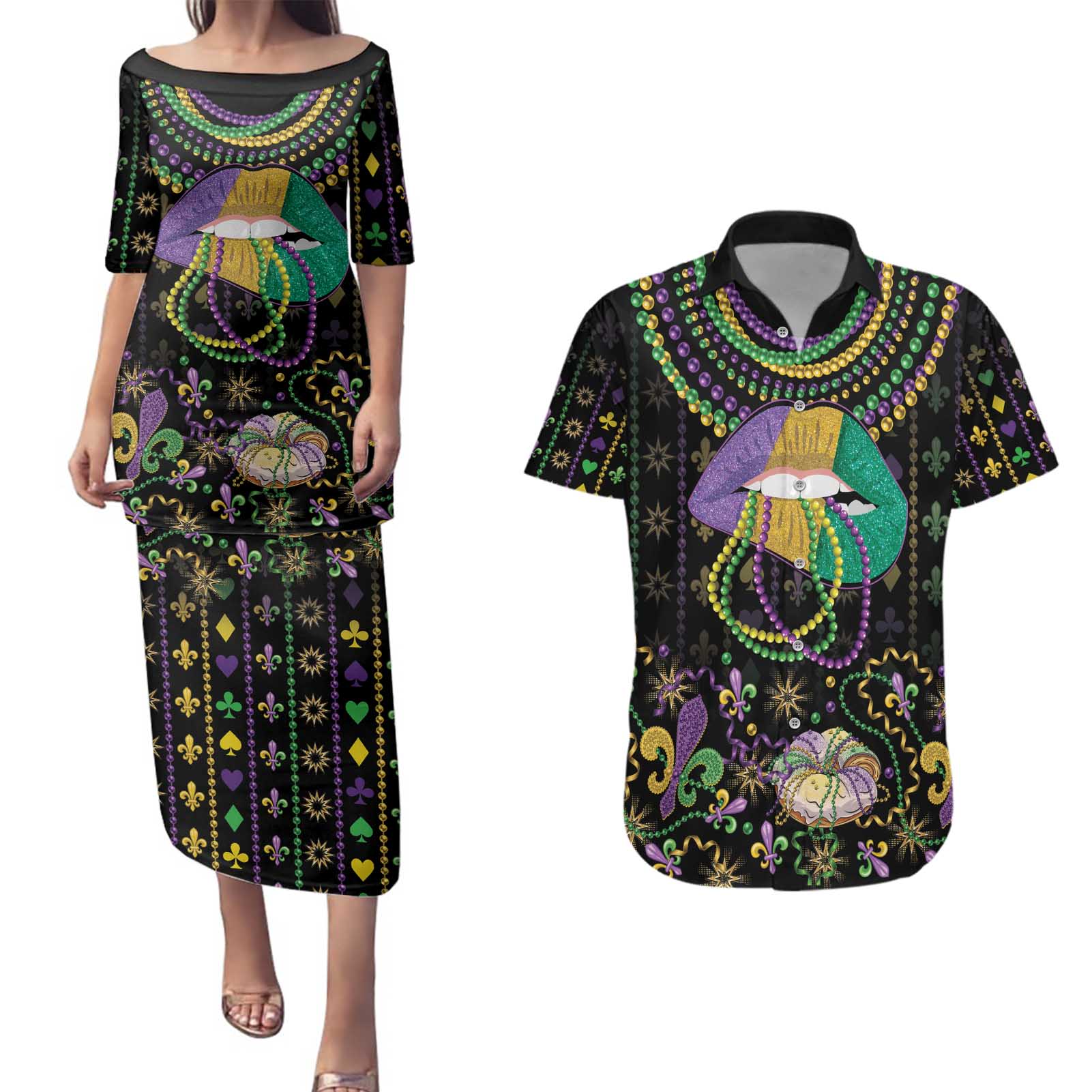 Mardi Gras Lips Queen Beads Couples Matching Puletasi and Hawaiian Shirt