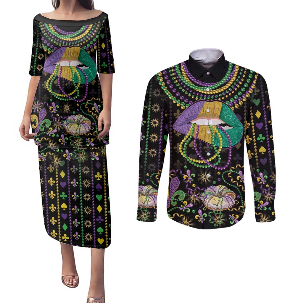 Mardi Gras Lips Queen Beads Couples Matching Puletasi and Long Sleeve Button Shirt