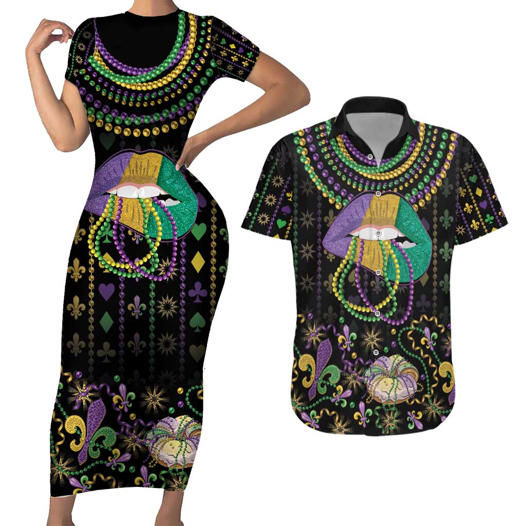 Mardi Gras Lips Queen Beads Couples Matching Short Sleeve Bodycon Dress and Hawaiian Shirt