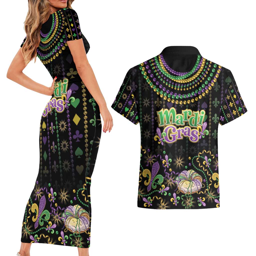 Mardi Gras Lips Queen Beads Couples Matching Short Sleeve Bodycon Dress and Hawaiian Shirt