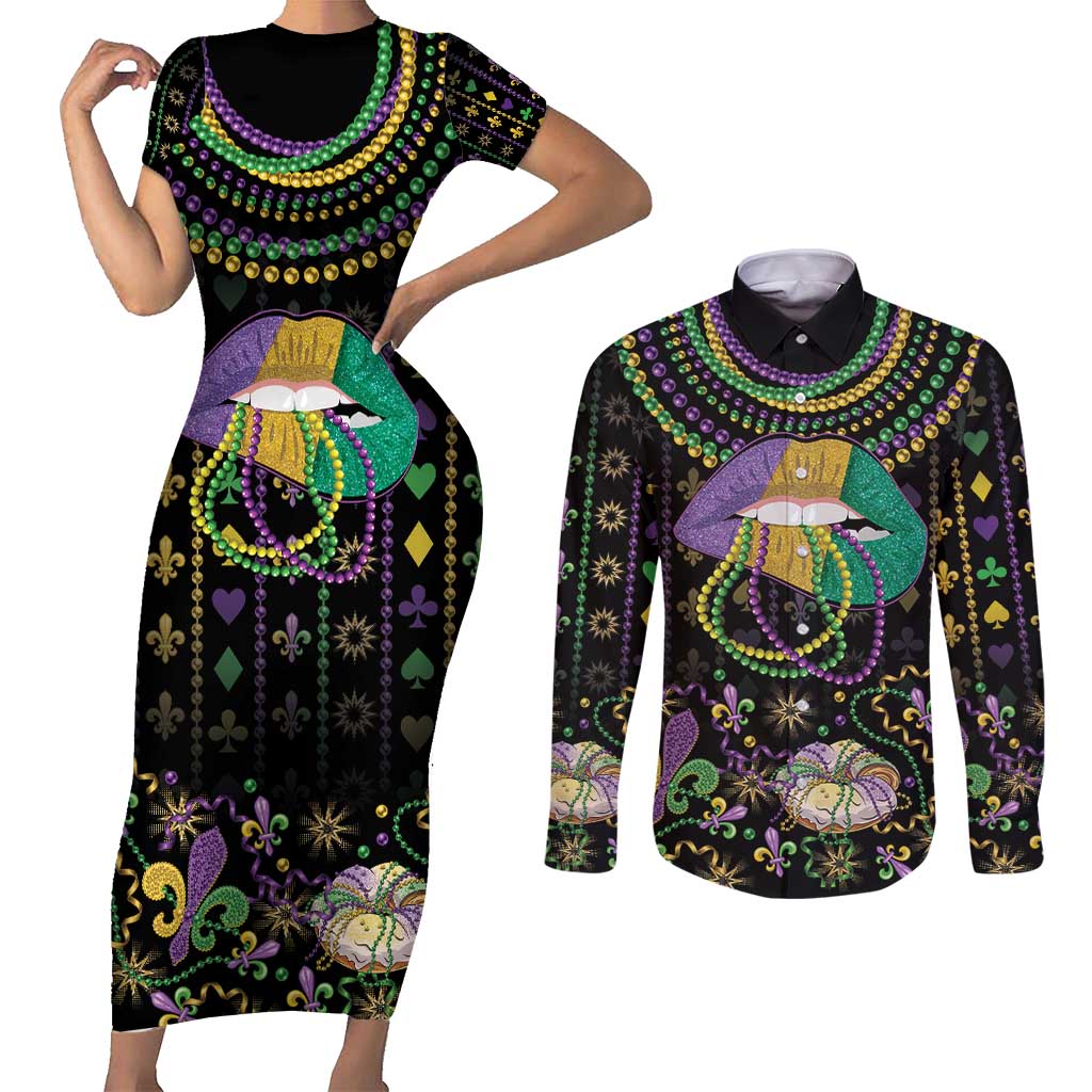 Mardi Gras Lips Queen Beads Couples Matching Short Sleeve Bodycon Dress and Long Sleeve Button Shirt