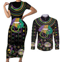 Mardi Gras Lips Queen Beads Couples Matching Short Sleeve Bodycon Dress and Long Sleeve Button Shirt
