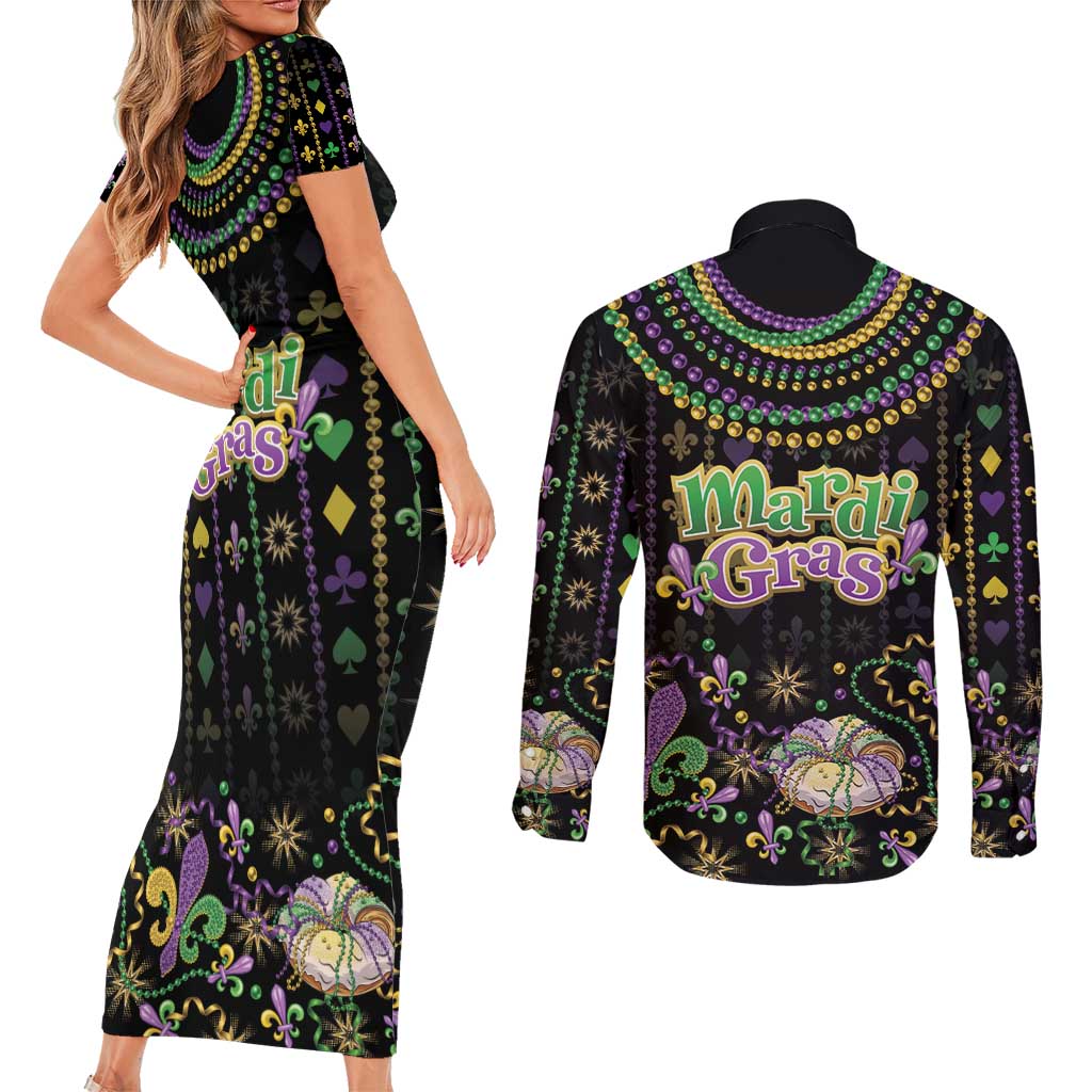 Mardi Gras Lips Queen Beads Couples Matching Short Sleeve Bodycon Dress and Long Sleeve Button Shirt