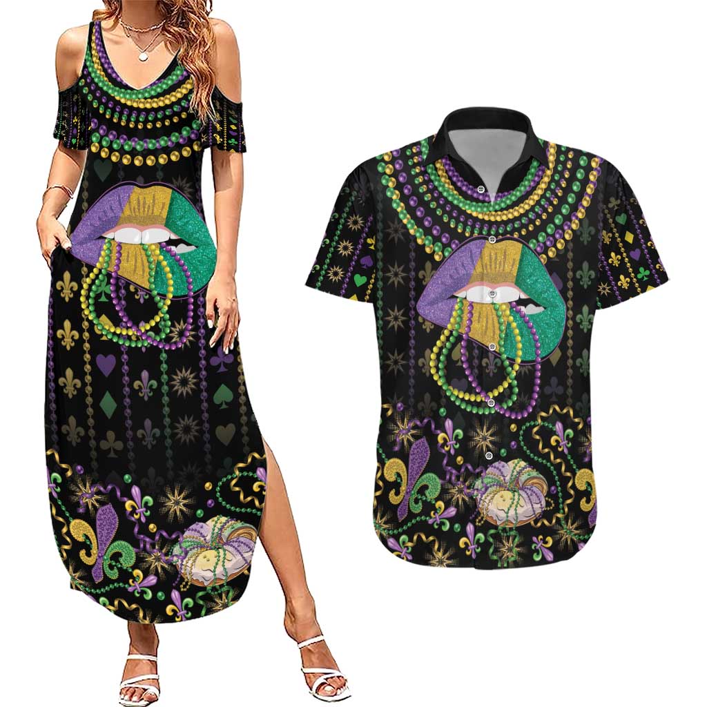 Mardi Gras Lips Queen Beads Couples Matching Summer Maxi Dress and Hawaiian Shirt