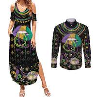 Mardi Gras Lips Queen Beads Couples Matching Summer Maxi Dress and Long Sleeve Button Shirt
