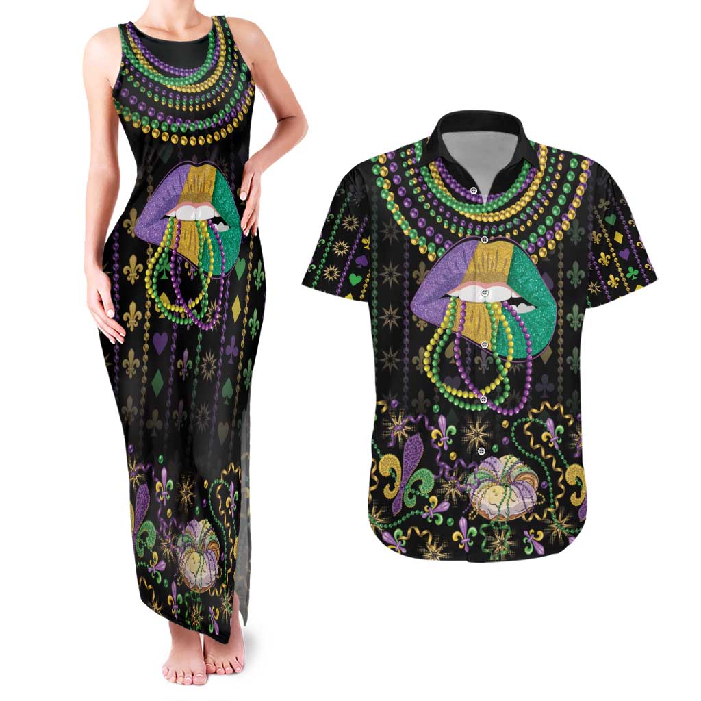 Mardi Gras Lips Queen Beads Couples Matching Tank Maxi Dress and Hawaiian Shirt