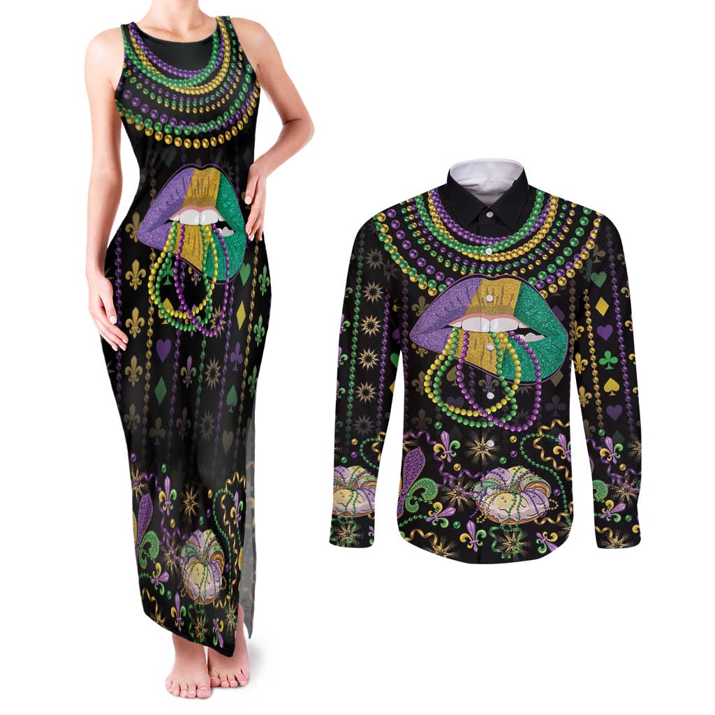 Mardi Gras Lips Queen Beads Couples Matching Tank Maxi Dress and Long Sleeve Button Shirt