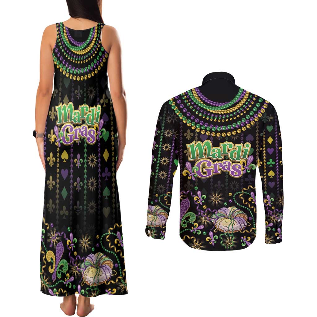 Mardi Gras Lips Queen Beads Couples Matching Tank Maxi Dress and Long Sleeve Button Shirt