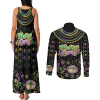 Mardi Gras Lips Queen Beads Couples Matching Tank Maxi Dress and Long Sleeve Button Shirt