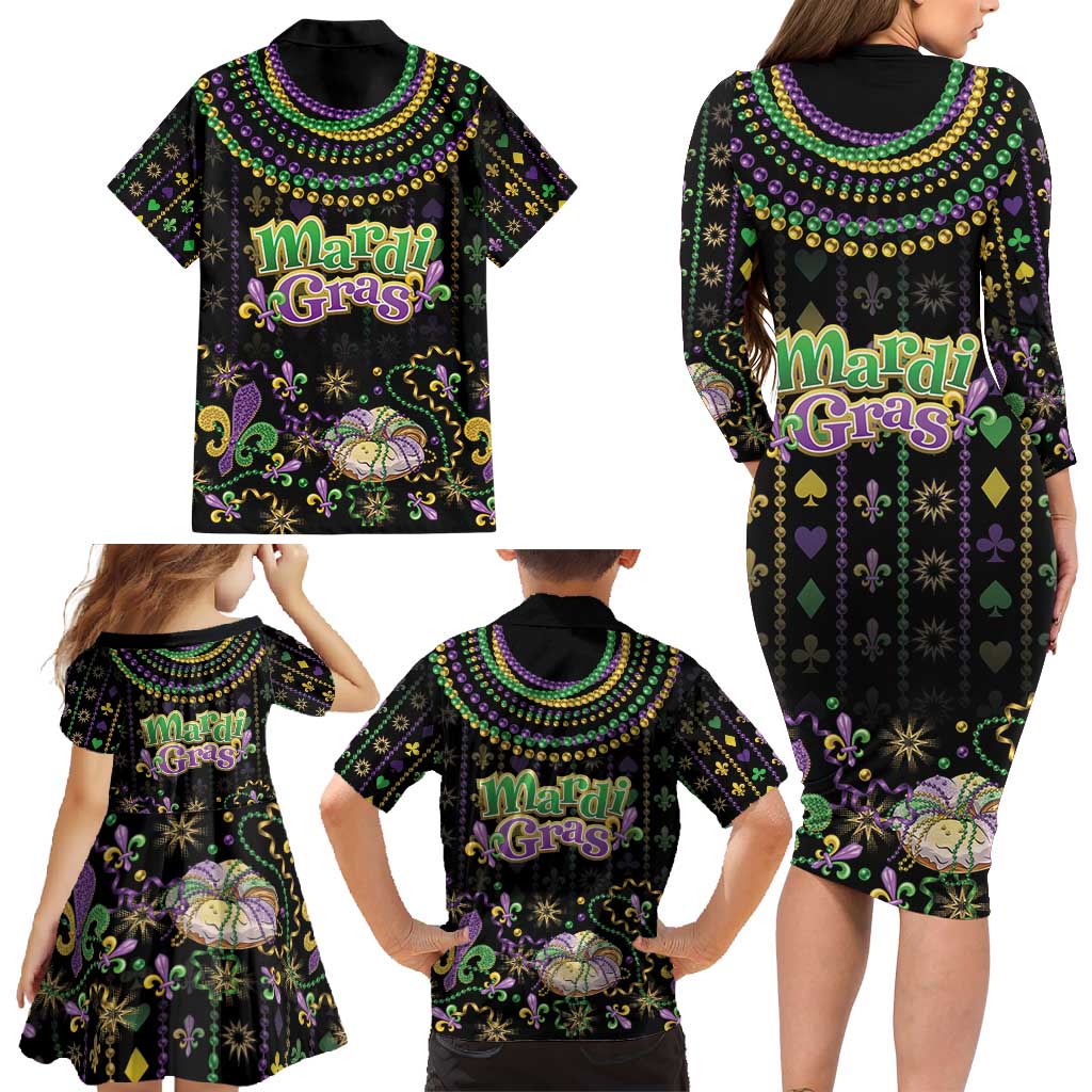 Mardi Gras Lips Queen Beads Family Matching Long Sleeve Bodycon Dress and Hawaiian Shirt