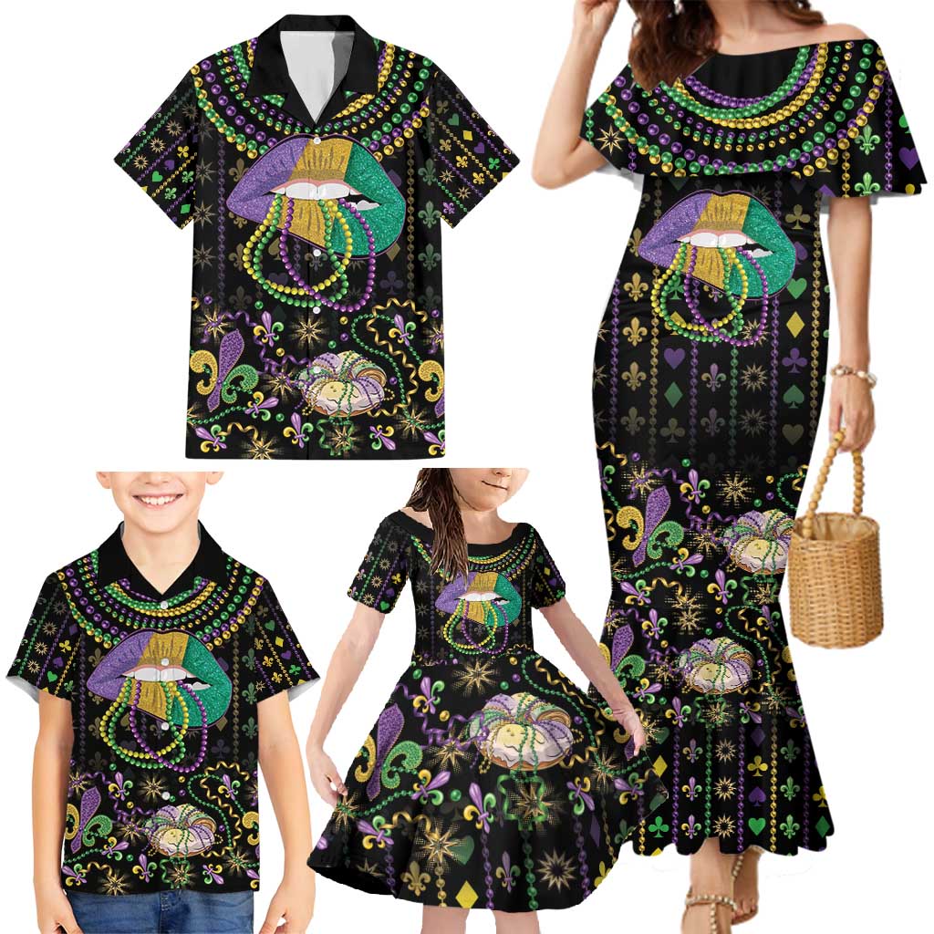 Mardi Gras Lips Queen Beads Family Matching Mermaid Dress and Hawaiian Shirt