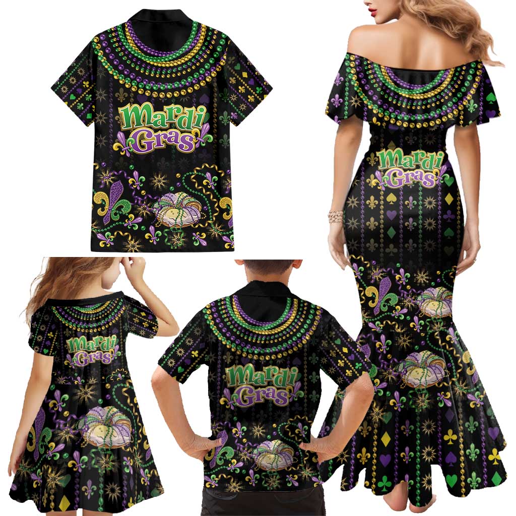 Mardi Gras Lips Queen Beads Family Matching Mermaid Dress and Hawaiian Shirt