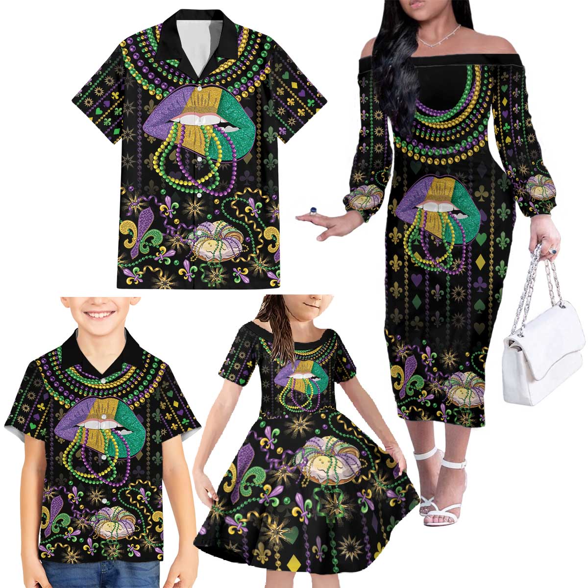 Mardi Gras Lips Queen Beads Family Matching Off The Shoulder Long Sleeve Dress and Hawaiian Shirt