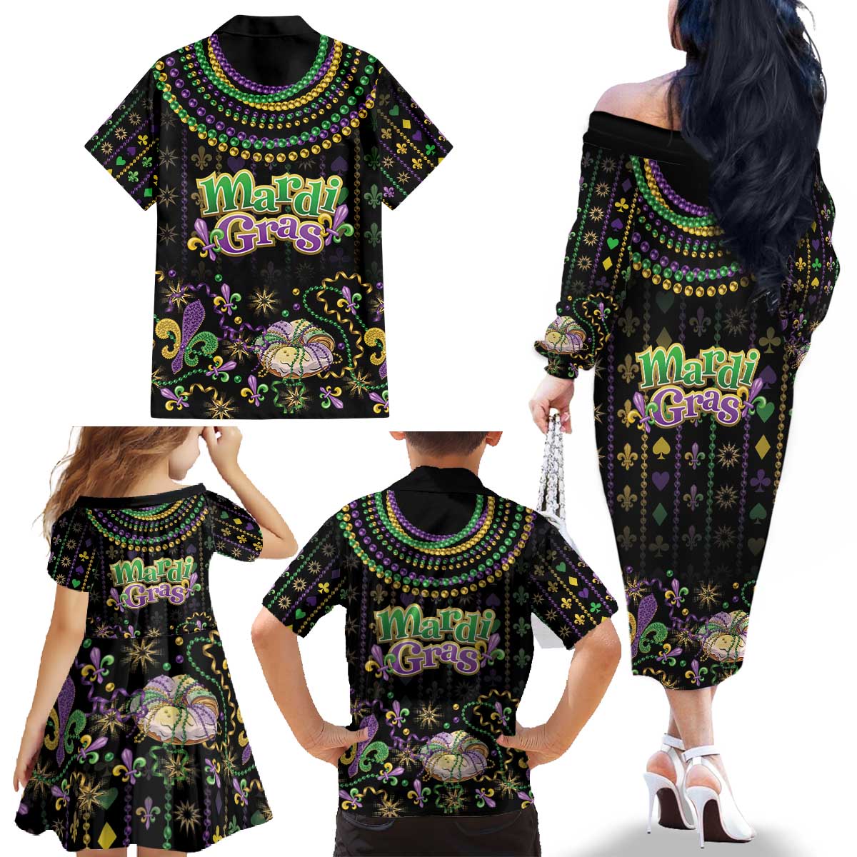 Mardi Gras Lips Queen Beads Family Matching Off The Shoulder Long Sleeve Dress and Hawaiian Shirt