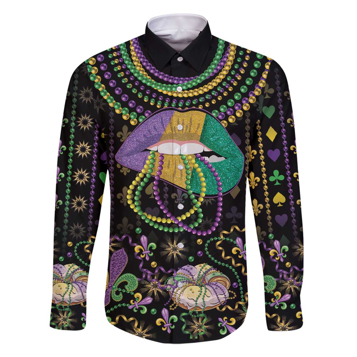 Mardi Gras Lips Queen Beads Family Matching Off The Shoulder Long Sleeve Dress and Hawaiian Shirt