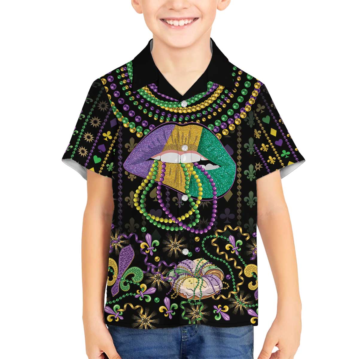 Mardi Gras Lips Queen Beads Family Matching Off The Shoulder Long Sleeve Dress and Hawaiian Shirt