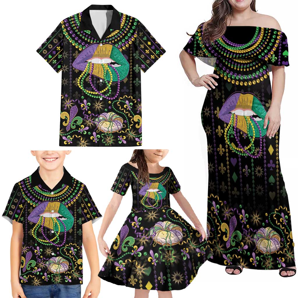 Mardi Gras Lips Queen Beads Family Matching Off Shoulder Maxi Dress and Hawaiian Shirt LT9 - Wonder Print Shop