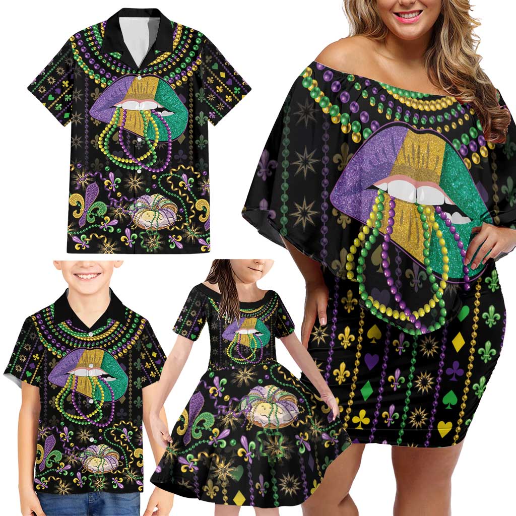 Mardi Gras Lips Queen Beads Family Matching Off Shoulder Short Dress and Hawaiian Shirt LT9 - Wonder Print Shop