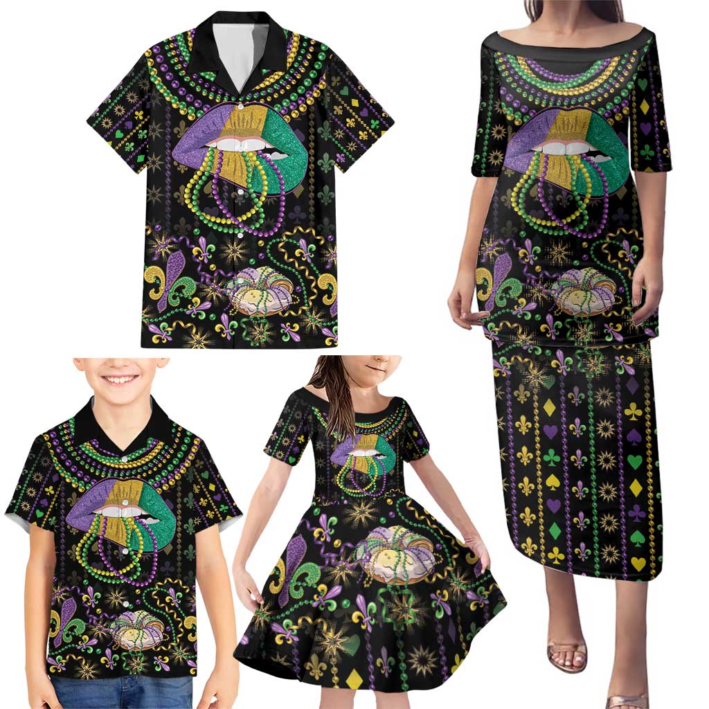 Mardi Gras Lips Queen Beads Family Matching Puletasi and Hawaiian Shirt