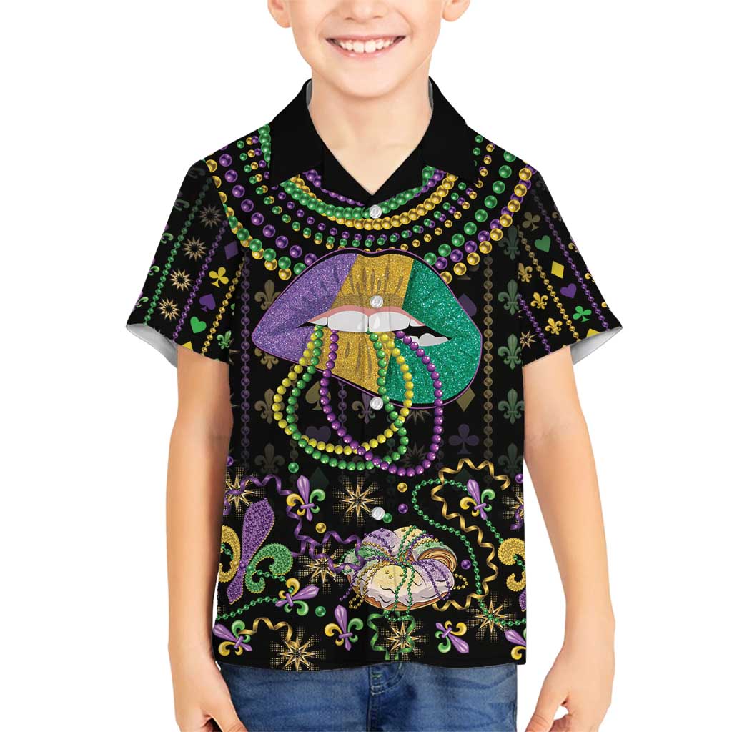 Mardi Gras Lips Queen Beads Family Matching Puletasi and Hawaiian Shirt