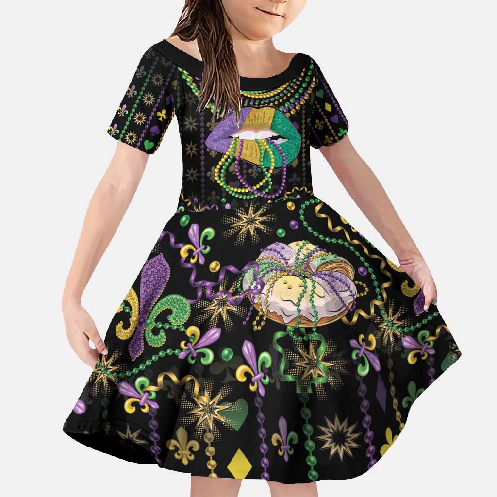 Mardi Gras Lips Queen Beads Family Matching Short Sleeve Bodycon Dress and Hawaiian Shirt - Wonder Print Shop