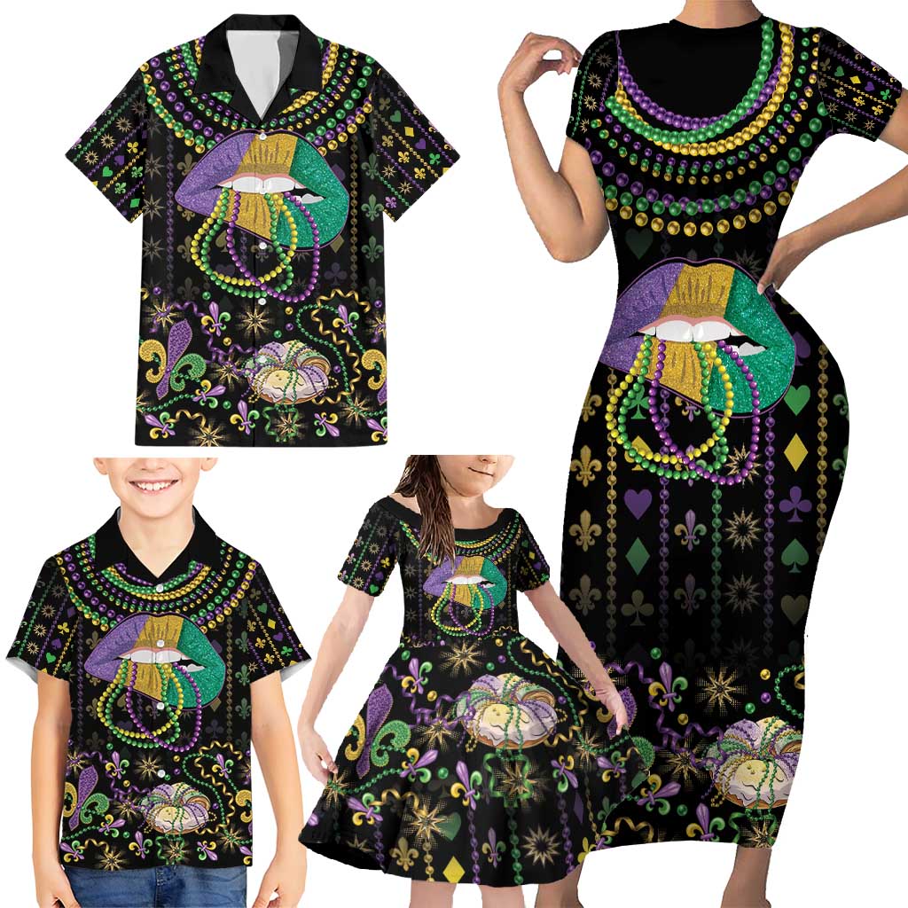 Mardi Gras Lips Queen Beads Family Matching Short Sleeve Bodycon Dress and Hawaiian Shirt - Wonder Print Shop