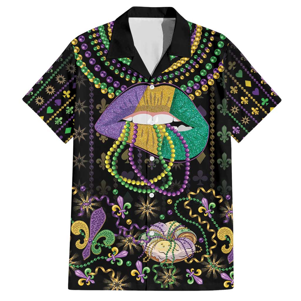 Mardi Gras Lips Queen Beads Family Matching Short Sleeve Bodycon Dress and Hawaiian Shirt - Wonder Print Shop