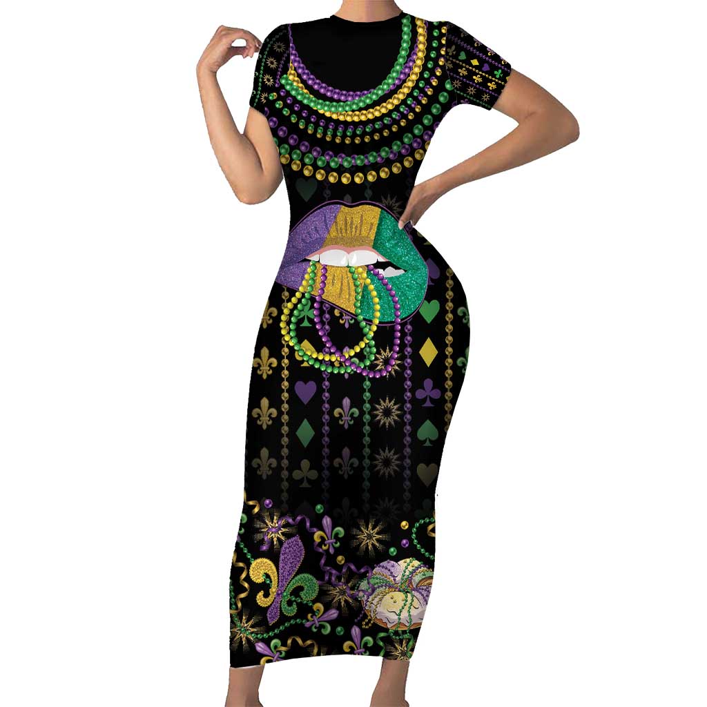 Mardi Gras Lips Queen Beads Family Matching Short Sleeve Bodycon Dress and Hawaiian Shirt - Wonder Print Shop