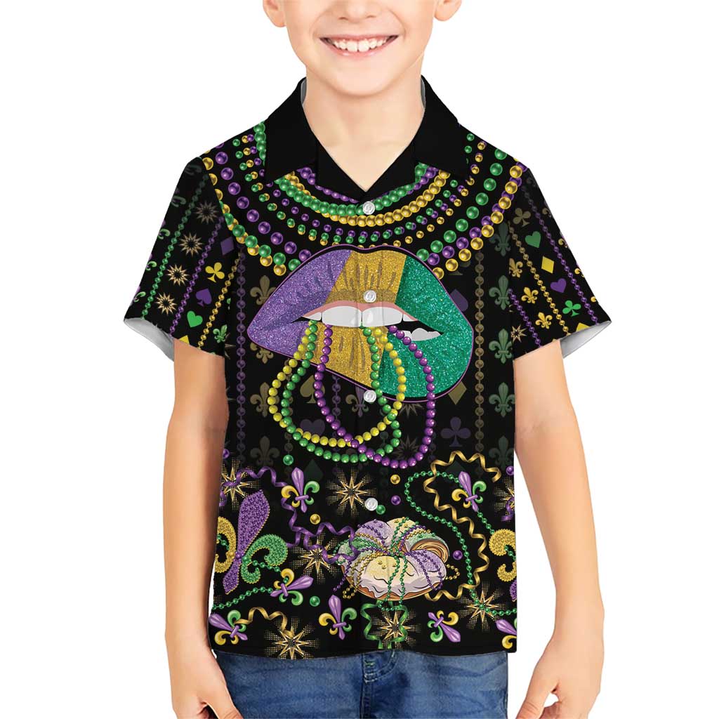 Mardi Gras Lips Queen Beads Family Matching Short Sleeve Bodycon Dress and Hawaiian Shirt - Wonder Print Shop
