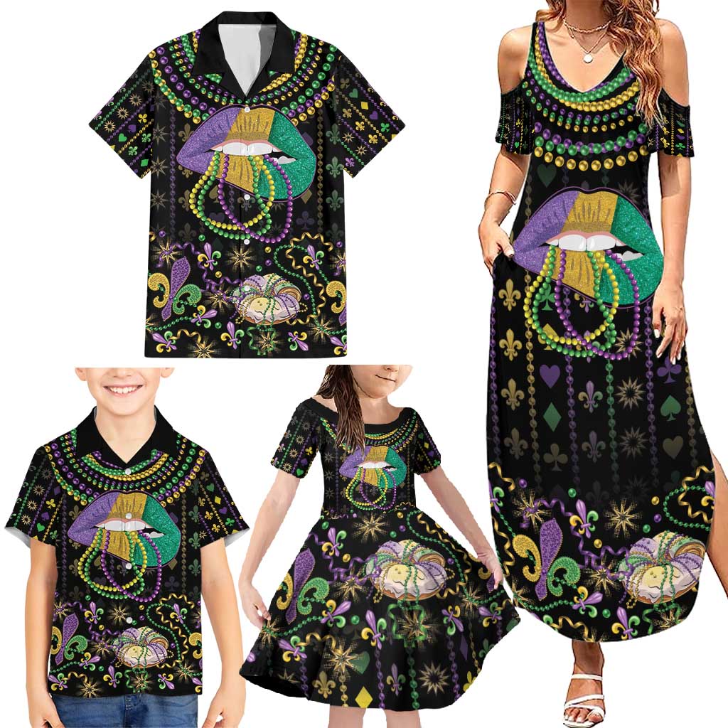 Mardi Gras Lips Queen Beads Family Matching Summer Maxi Dress and Hawaiian Shirt - Wonder Print Shop