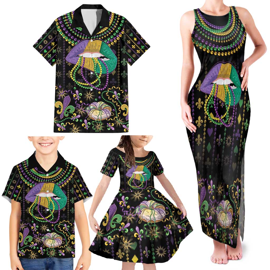 Mardi Gras Lips Queen Beads Family Matching Tank Maxi Dress and Hawaiian Shirt - Wonder Print Shop