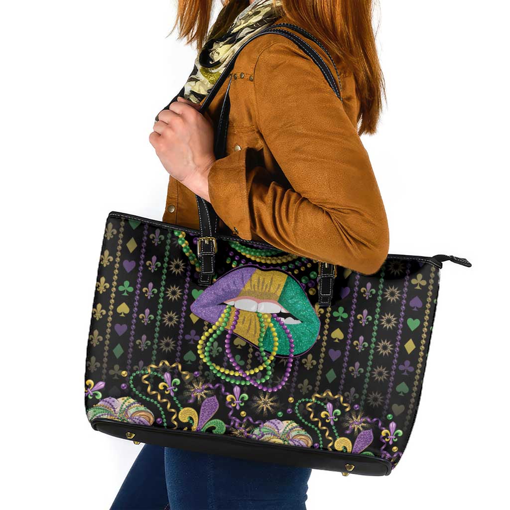 Mardi Gras Lips Queen Beads Leather Tote Bag