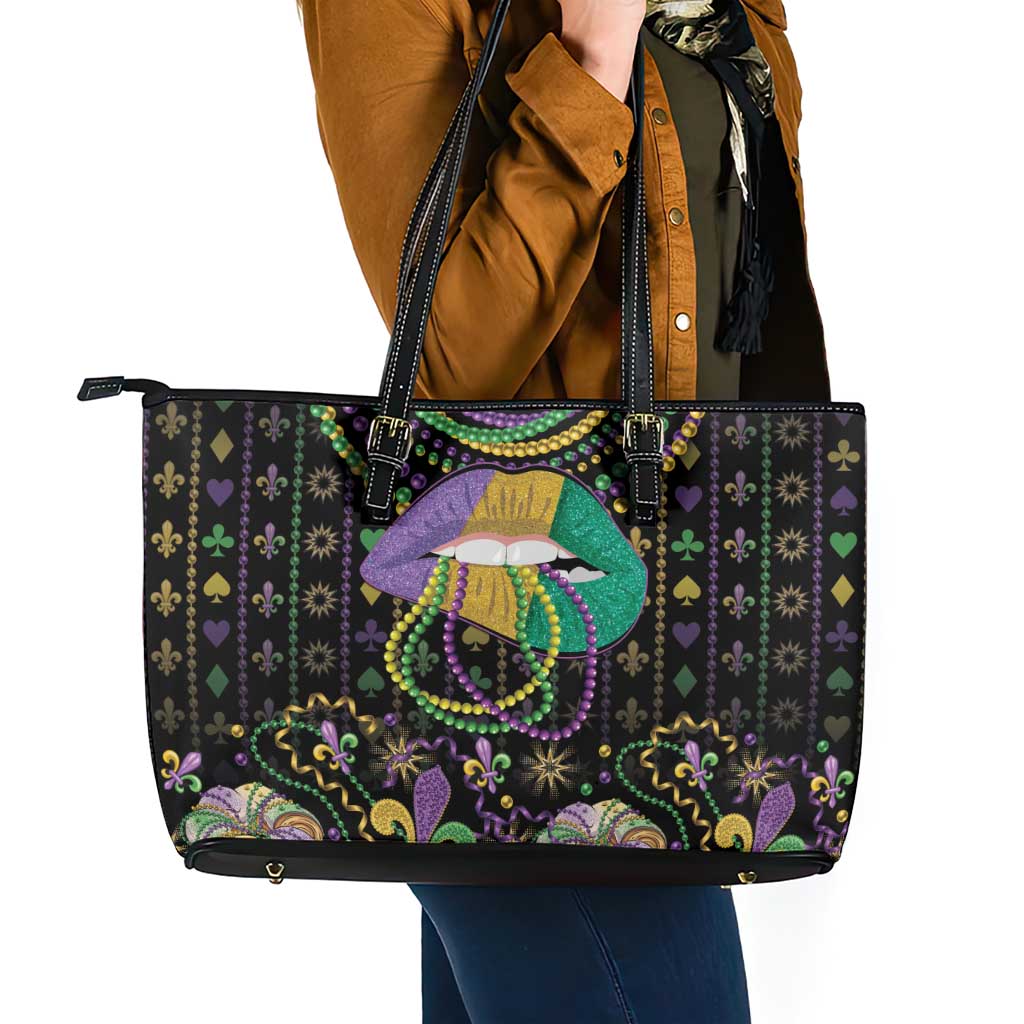 Mardi Gras Lips Queen Beads Leather Tote Bag