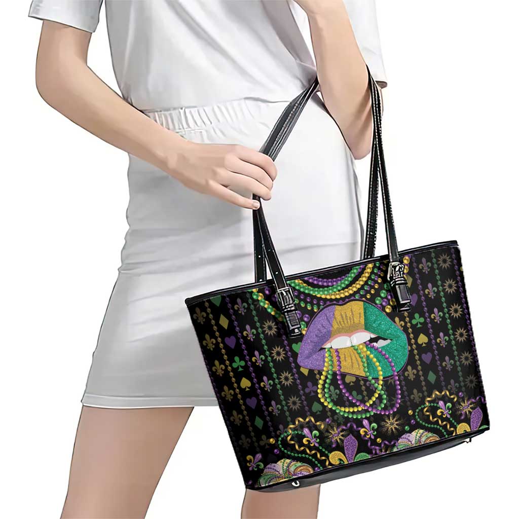 Mardi Gras Lips Queen Beads Leather Tote Bag
