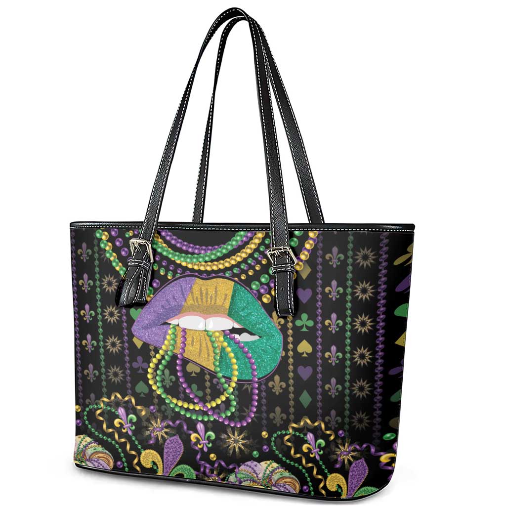 Mardi Gras Lips Queen Beads Leather Tote Bag