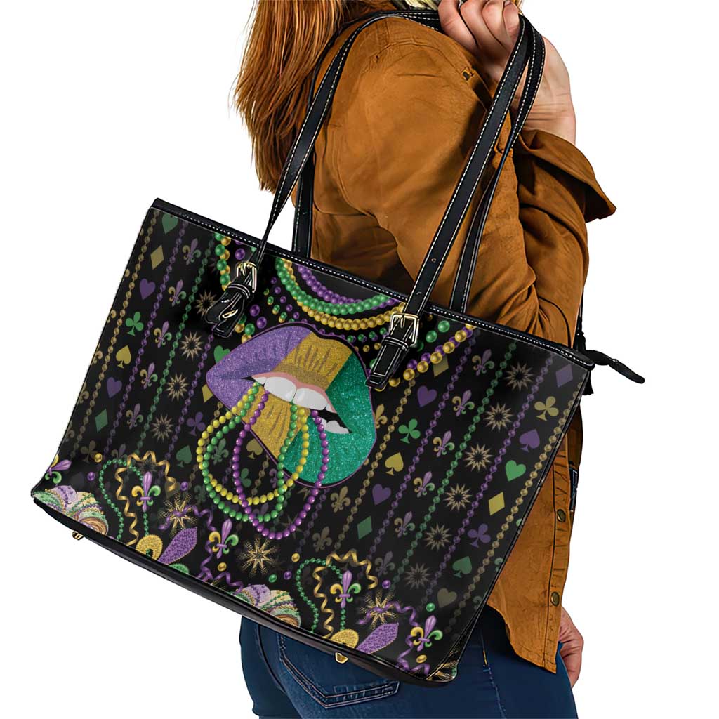 Mardi Gras Lips Queen Beads Leather Tote Bag