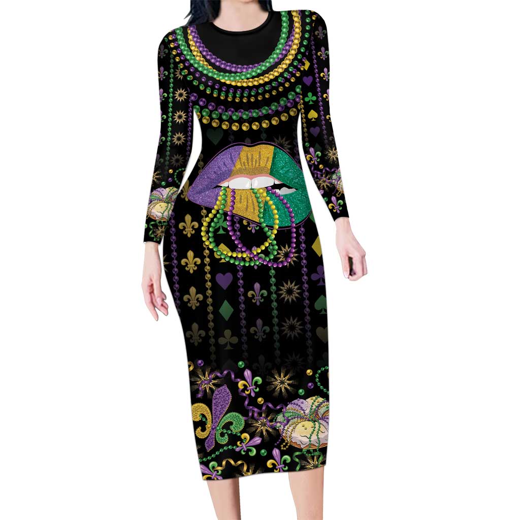 Mardi Gras Lips Queen Beads Long Sleeve Bodycon Dress - Wonder Print Shop