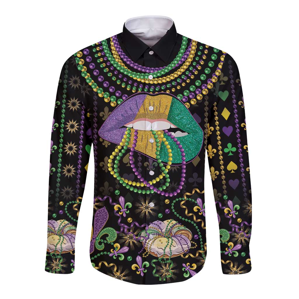Mardi Gras Lips Queen Beads Long Sleeve Button Shirt