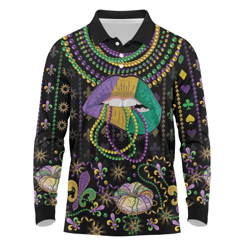 Mardi Gras Lips Queen Beads Long Sleeve Polo Shirt - Wonder Print Shop