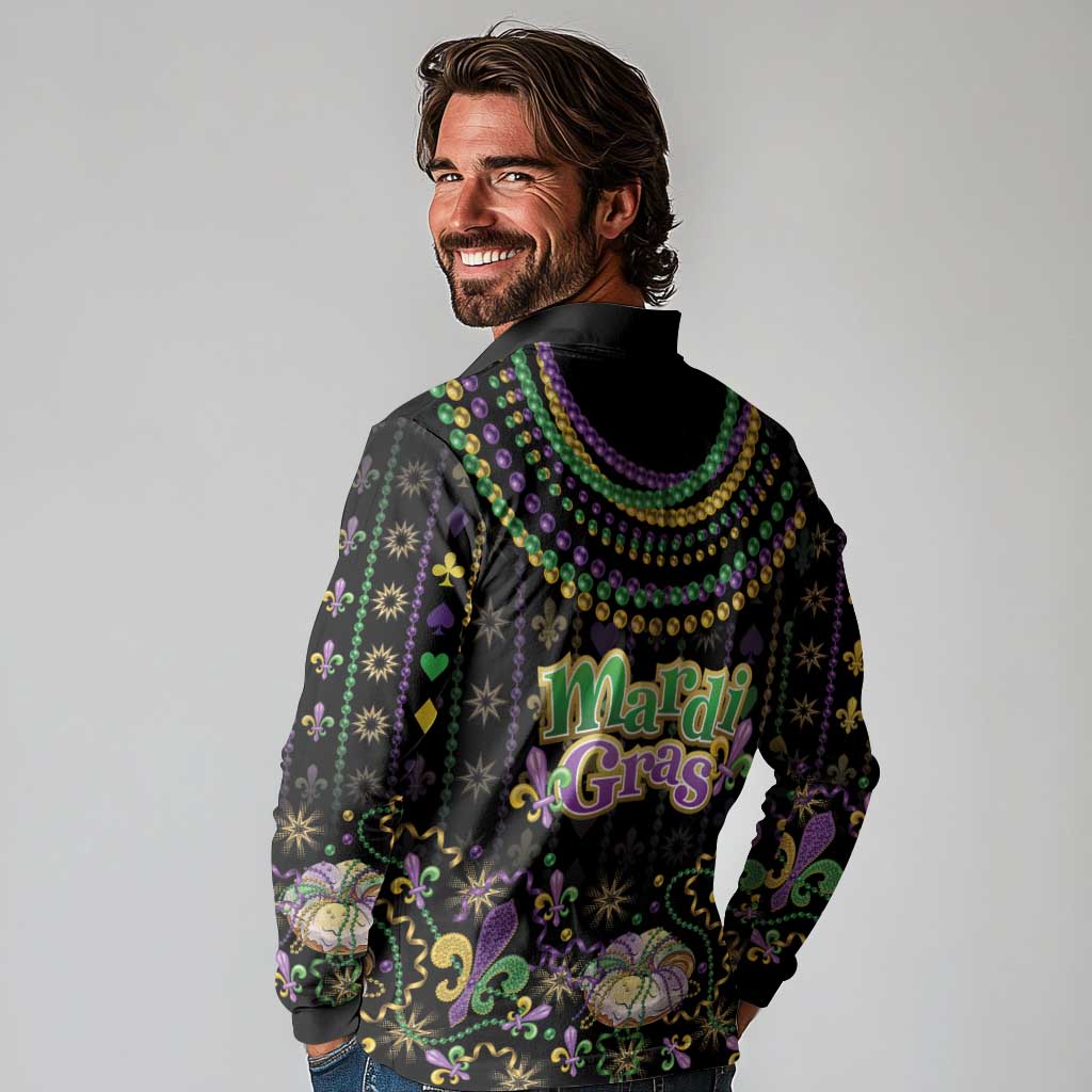 Mardi Gras Lips Queen Beads Long Sleeve Polo Shirt - Wonder Print Shop