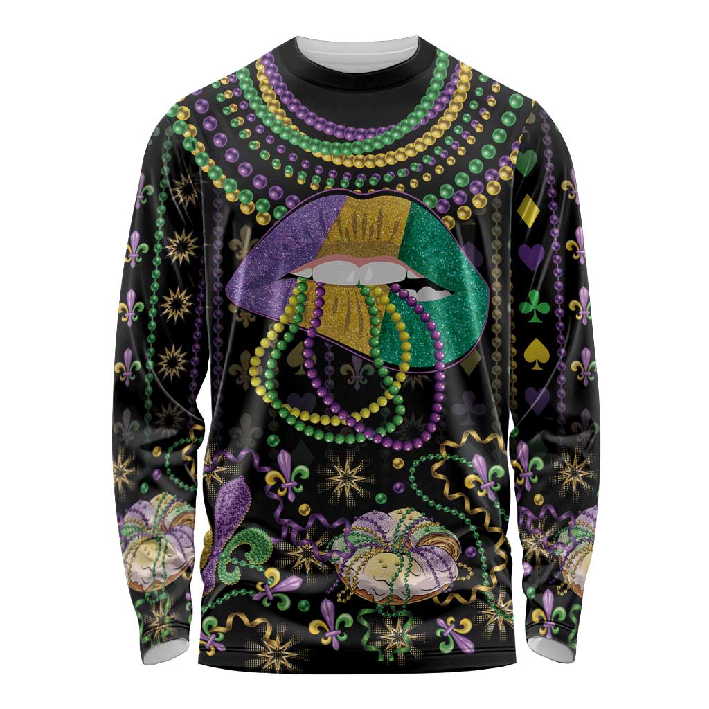 Mardi Gras Lips Queen Beads Long Sleeve Shirt - Wonder Print Shop