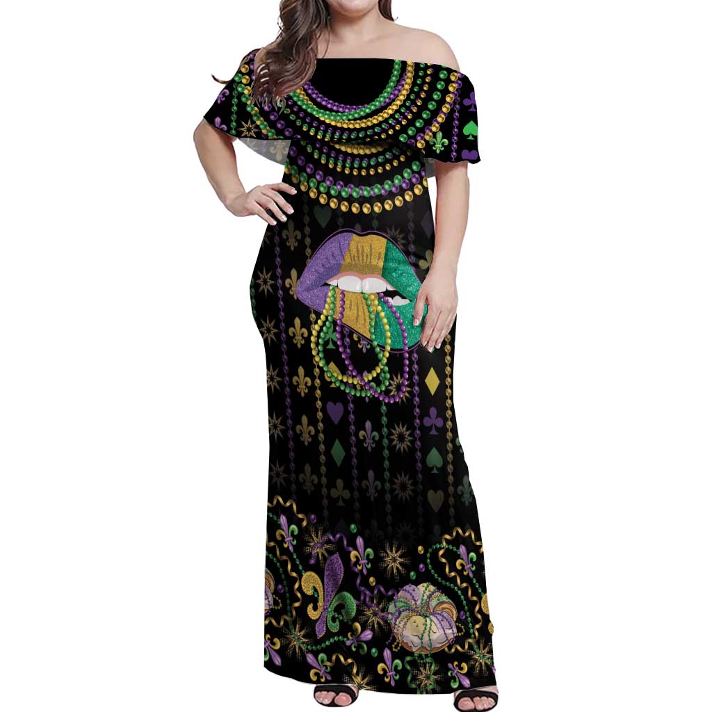Mardi Gras Lips Queen Beads Off Shoulder Maxi Dress - Wonder Print Shop