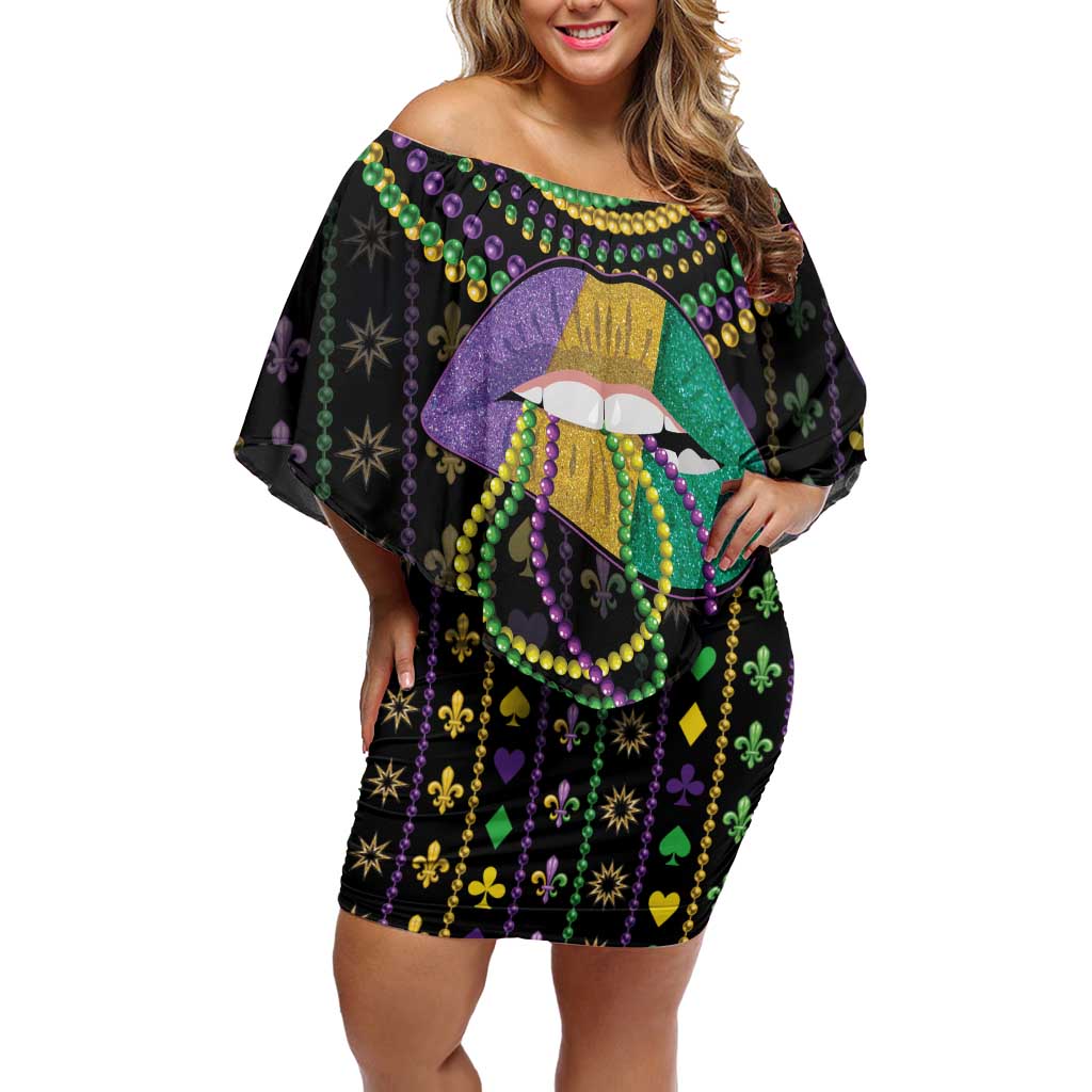 Mardi Gras Lips Queen Beads Off Shoulder Short Dress - Wonder Print Shop