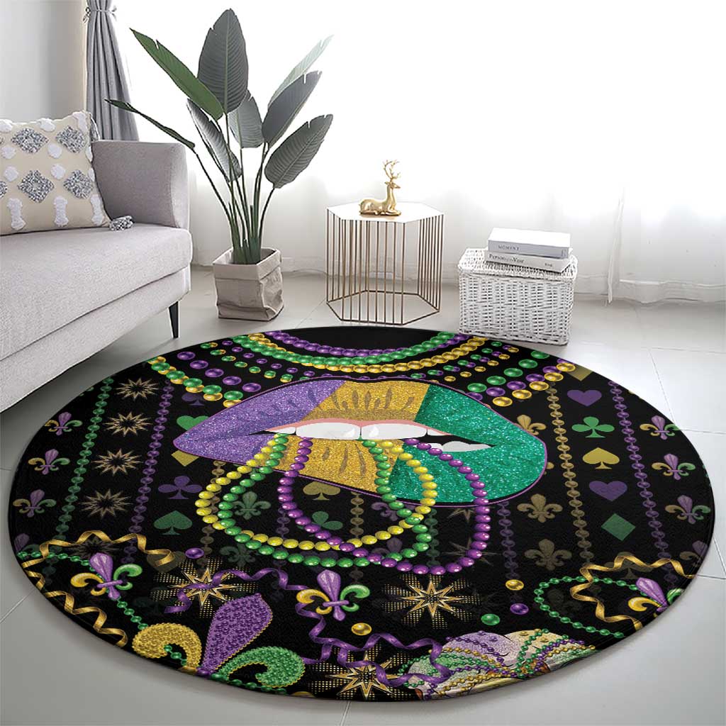 Mardi Gras Lips Queen Beads Round Carpet - Wonder Print Shop