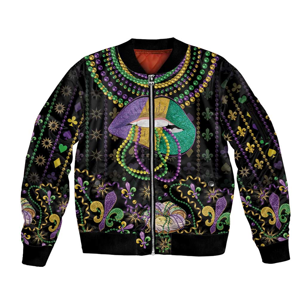 Mardi Gras Lips Queen Beads Sleeve Zip Bomber Jacket - Wonder Print Shop