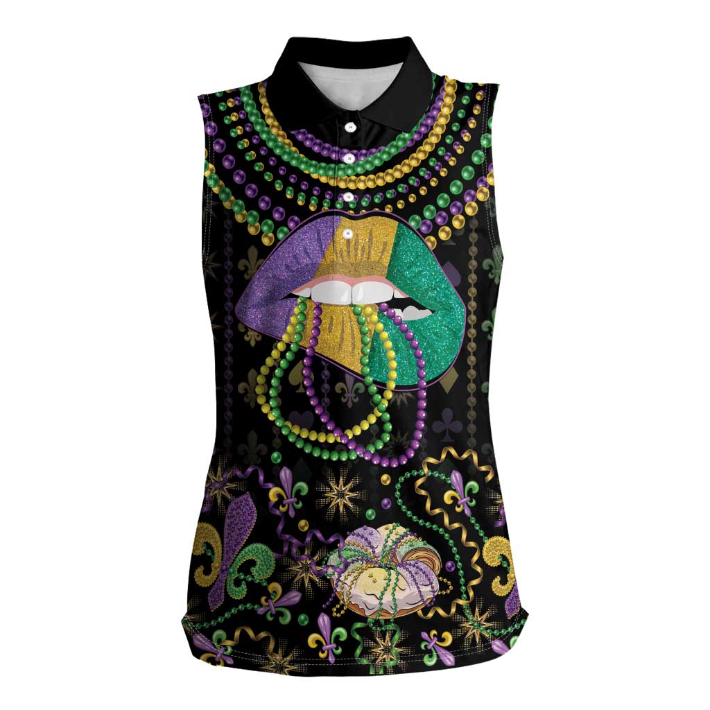 Mardi Gras Lips Queen Beads Women Sleeveless Polo Shirt - Wonder Print Shop